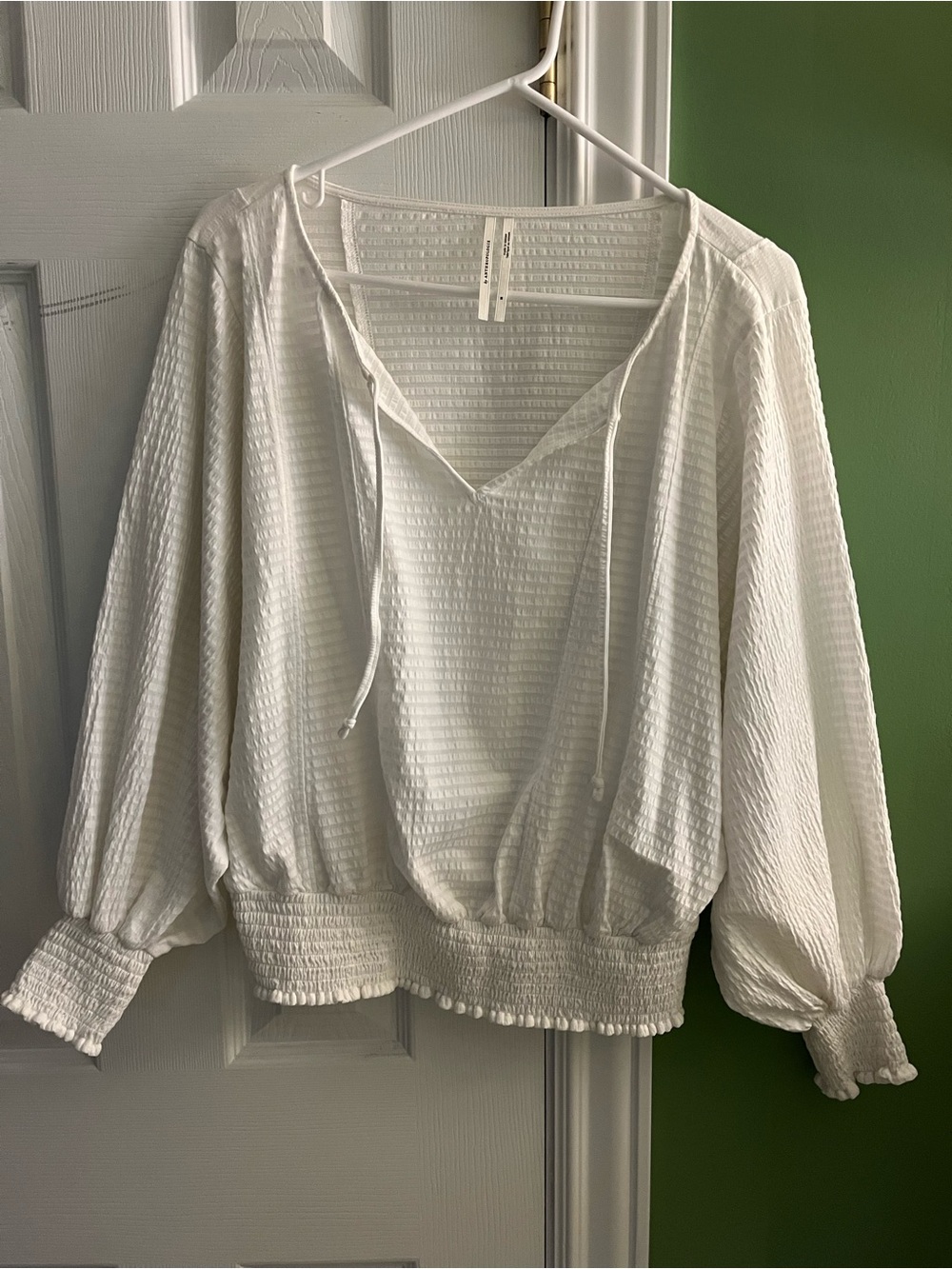 Anthropologie White Textured Peasant Tie-Front Blouse